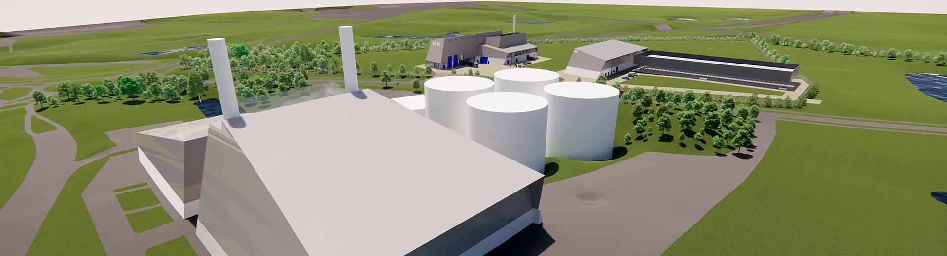 Visualisering af kraftvarmeværket, det nye biomasseanlæg og det nye varmepumpeanlæg 